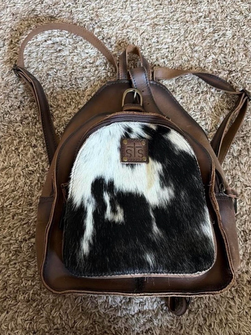 STS Ranchwear Brown Leather Backpack with Black & White Haircalf Front